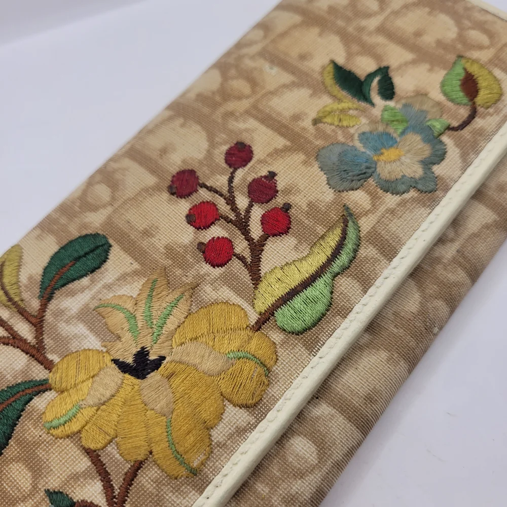 Dior Tan and Yellow Wallet with Floral Embroidery